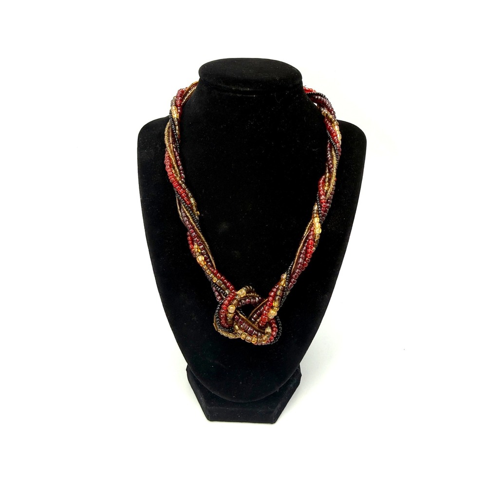 Multi Strand Twisted Seed Bead Knot Necklace Red Amber Black Boho Statement